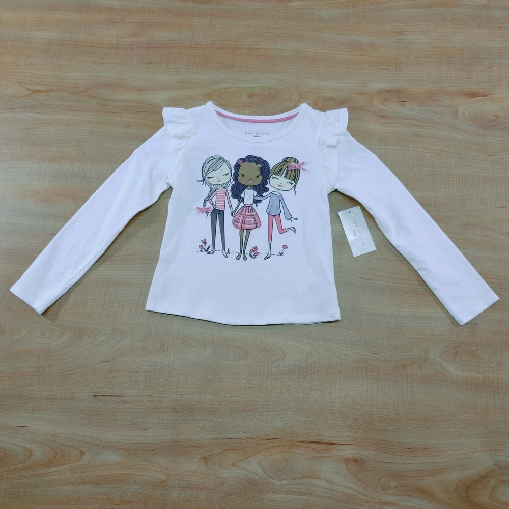 Max Studio Kids Girls White Long Sleeve Graphic T-Shirt Ruffle Shoulder Size 4